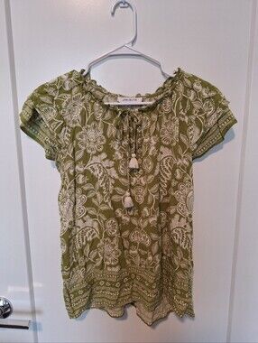Rose & Olive Olive Green Floral Tassel Peasant Top